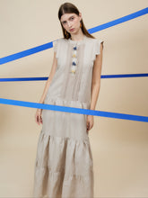 Load image into Gallery viewer, woman wearing needlepoint embroidery stripe beige tone linen summer dress 