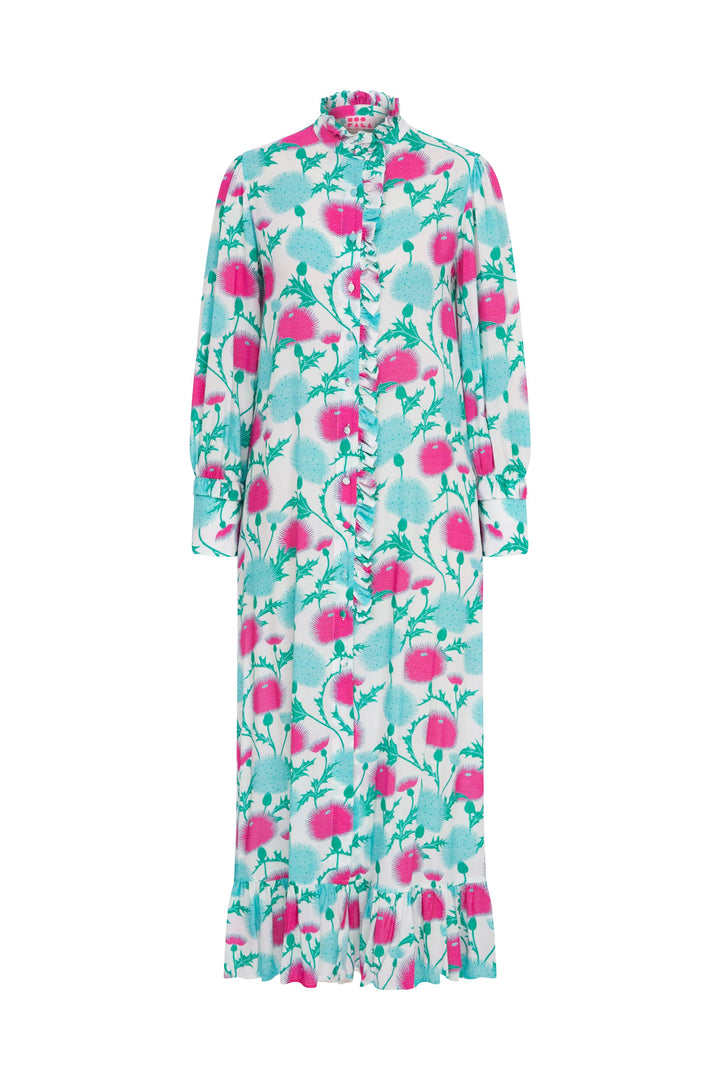 Esme Tunic Dress front – pink and aqua thistle print ruffle maxi shirt dress by Boo Pala London