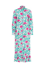 Load image into Gallery viewer, Esme Tunic Dress front – pink and aqua thistle print ruffle maxi shirt dress by Boo Pala London