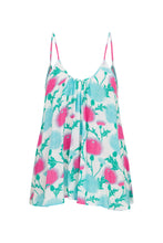 Load image into Gallery viewer, Harper Cami Top front – pink and aqua thistle print viscose swing cami with spaghetti straps by Boo Pala London