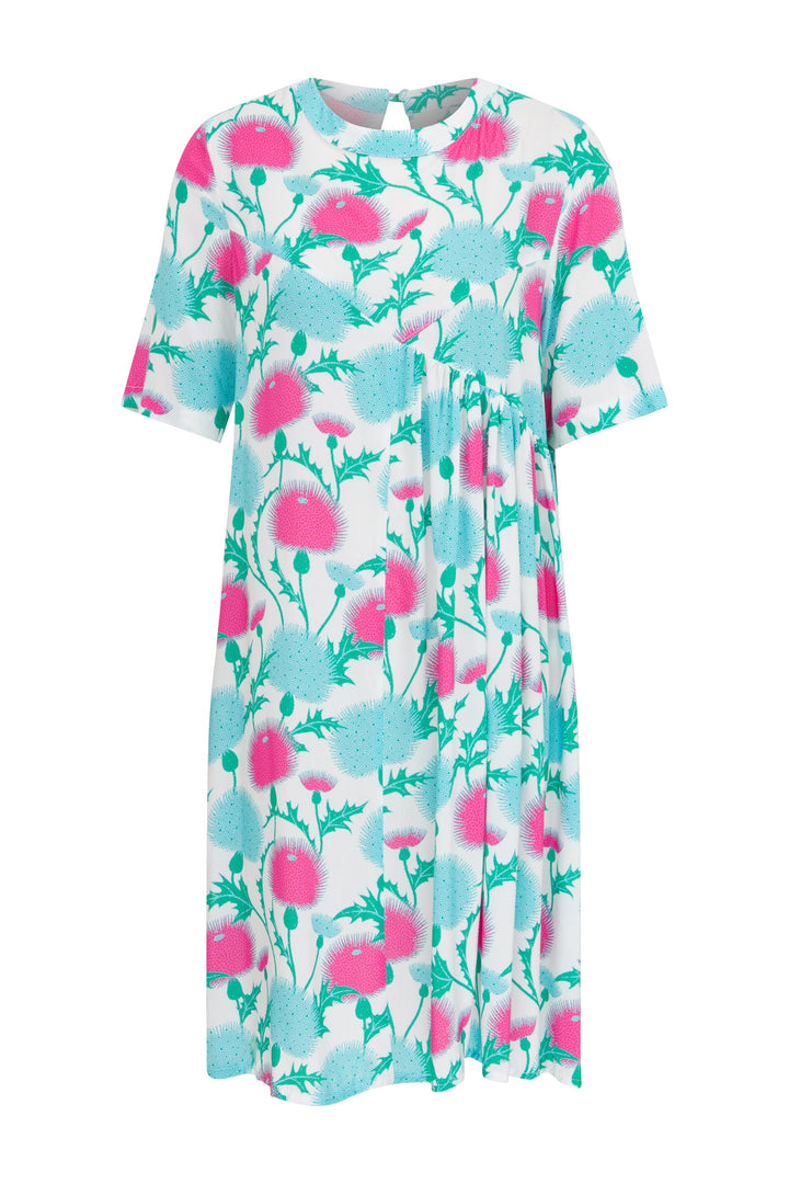 Harper Mini Dress front – pink and aqua thistle print asymmetric viscose mini dress by Boo Pala London