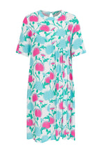 Load image into Gallery viewer, Harper Mini Dress front – pink and aqua thistle print asymmetric viscose mini dress by Boo Pala London