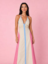 Load image into Gallery viewer, Model wearing the Marnie pink, cream and blue halter neck cotton maxi dress by Boo Pala London