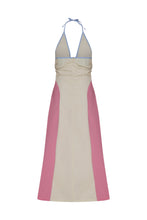Load image into Gallery viewer, Marnie Dress back – pink and cream halter neck maxi dress with tie and zip by Boo Pala London