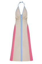 Load image into Gallery viewer, Marnie Dress front – pink, cream and blue halter neck cotton maxi dress by Boo Pala London