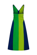 Load image into Gallery viewer, Tallulah Dress back – green and navy colour-block cotton maxi dress by Boo Pala London