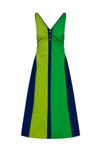 Load image into Gallery viewer, Tallulah Dress front – green and navy colour-block cotton maxi dress by Boo Pala London