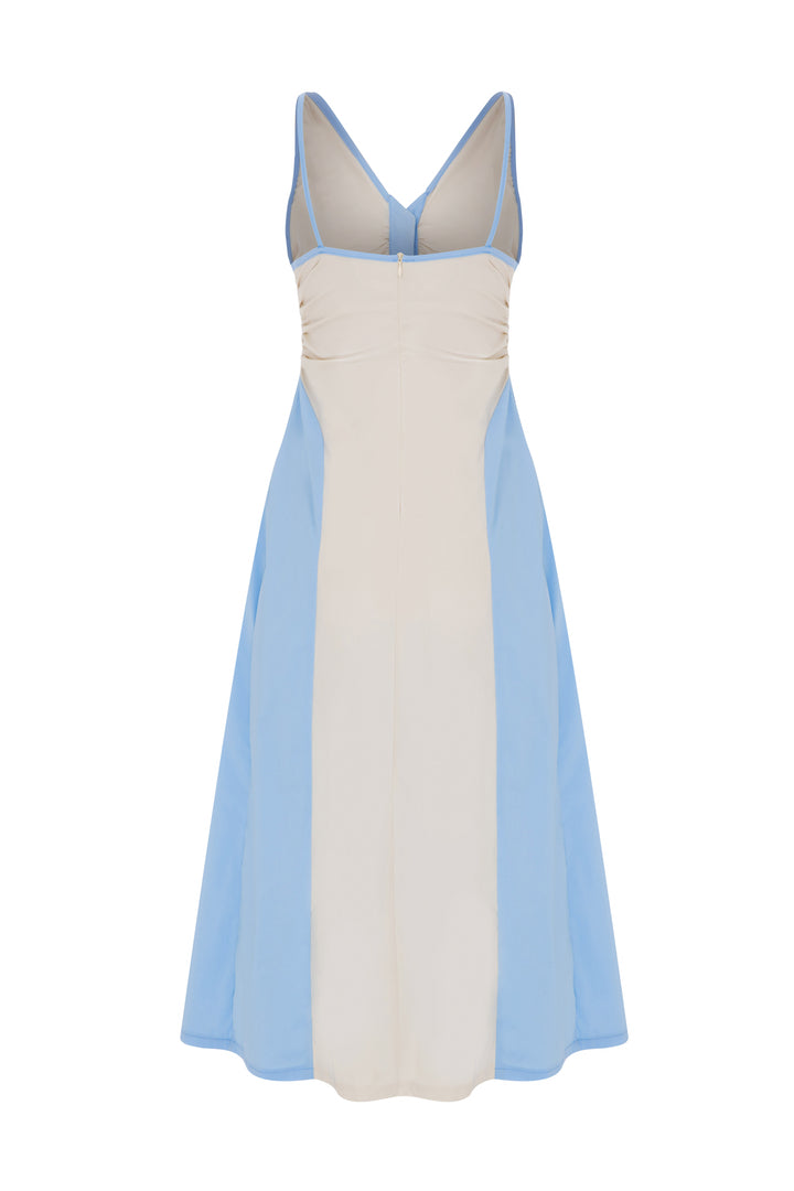 Vida Dress back – blue and cream colour-block cotton maxi dress by Boo Pala London