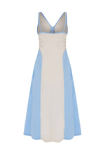 Load image into Gallery viewer, Vida Dress back – blue and cream colour-block cotton maxi dress by Boo Pala London
