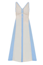 Load image into Gallery viewer, Vida Dress front – blue and cream colour-block cotton maxi dress by Boo Pala London